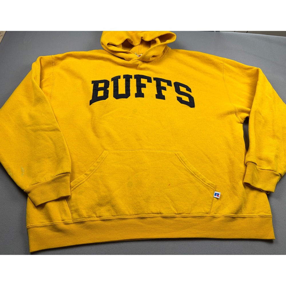Vintage Russell Athletic BUFFS Hoodie Sweatshirt Yellow XL Collegiate Spellout